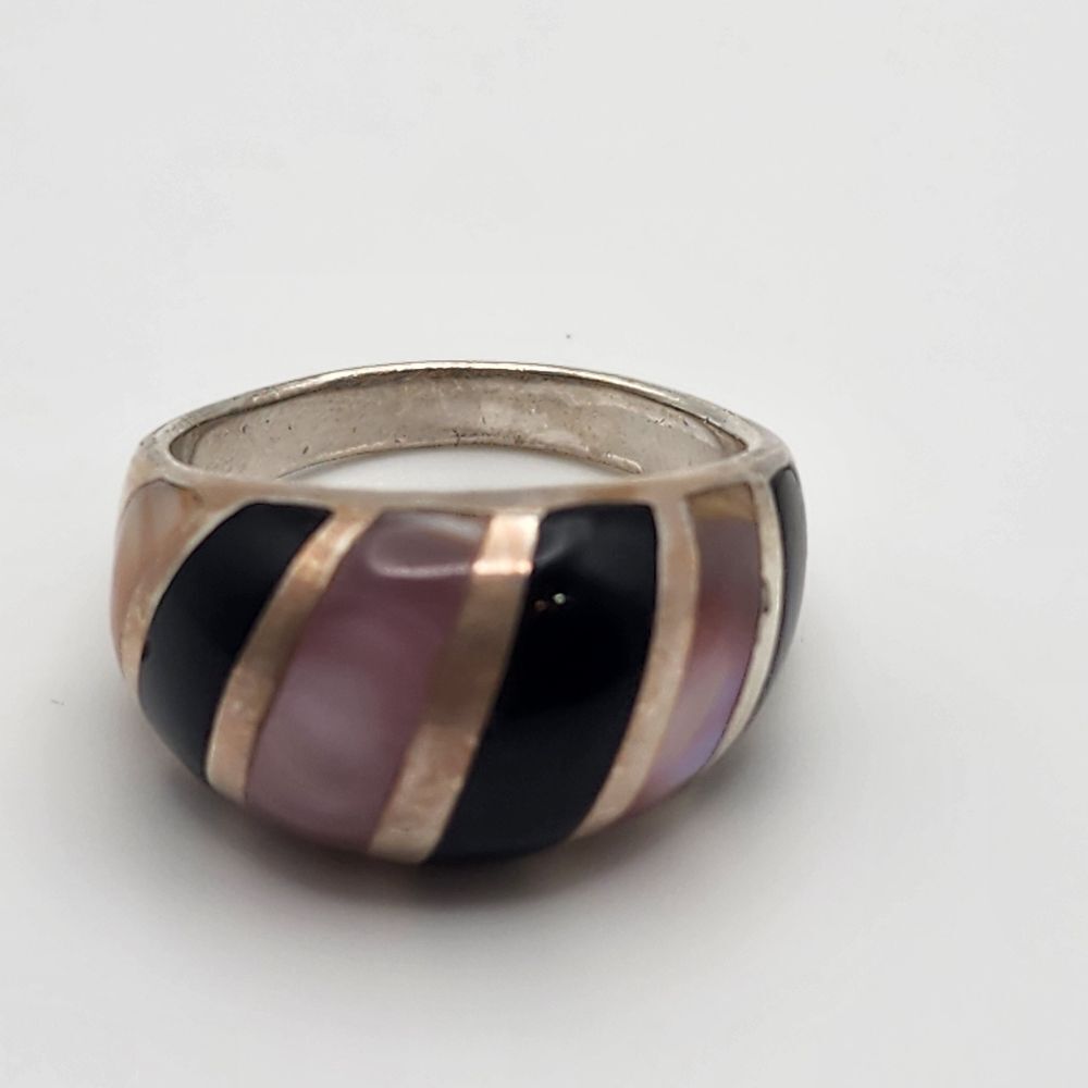 Ken Craft Sterling Silver Mother of Pearl & Onyx Inlay Ring (10) - Picture 5 of 8